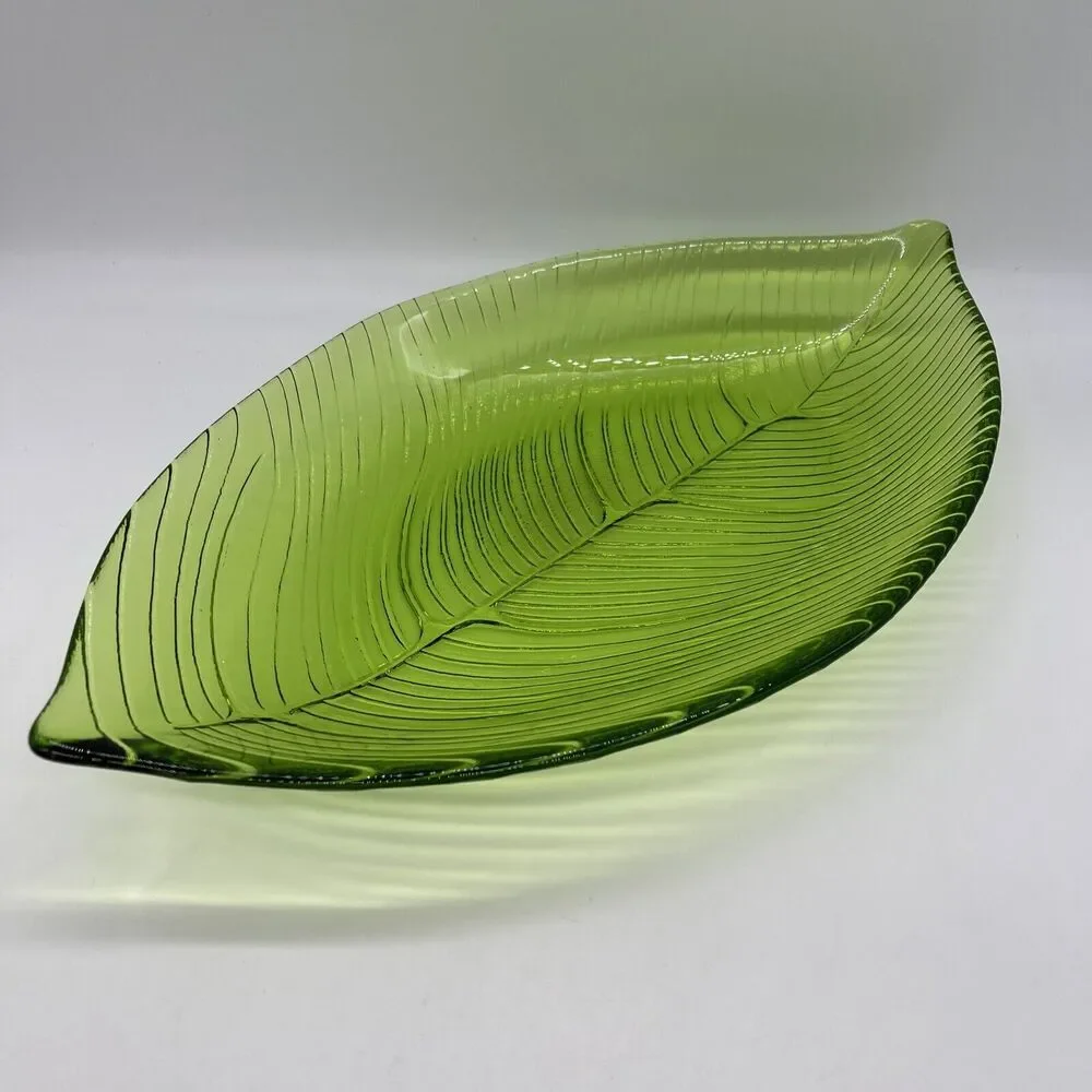 Large Green Leaf Glass Serving Dish Palm Leaf
